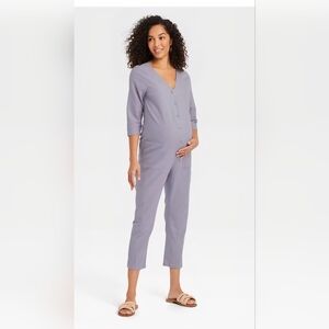 The Nines by Hatch 3/4 Sleeve Button-Front Cropped Maternity Jumpsuit
